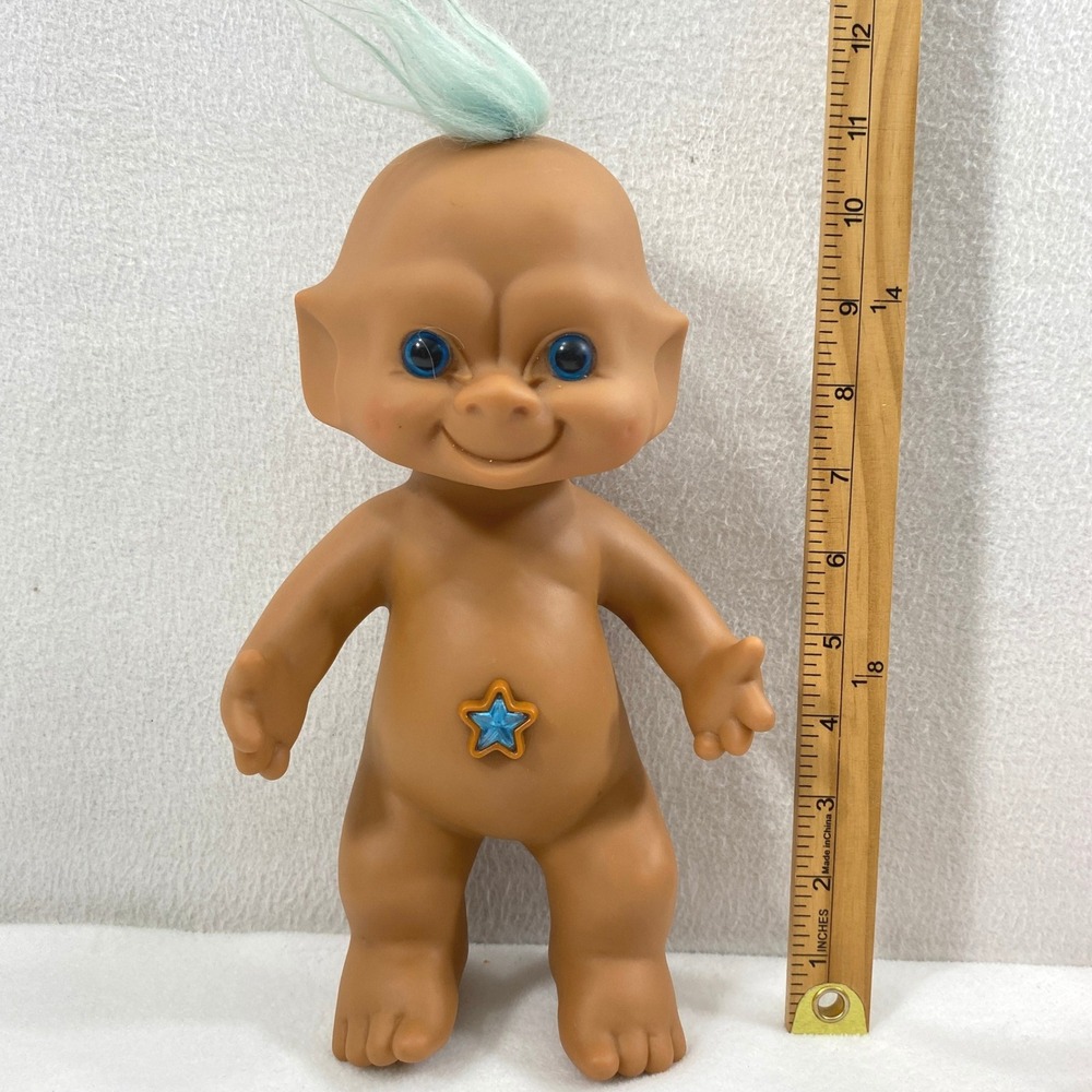 Ace Novelty Blue Star Jewel Belly Troll Doll 11" Soft Body Teal Hair Vintage Toy